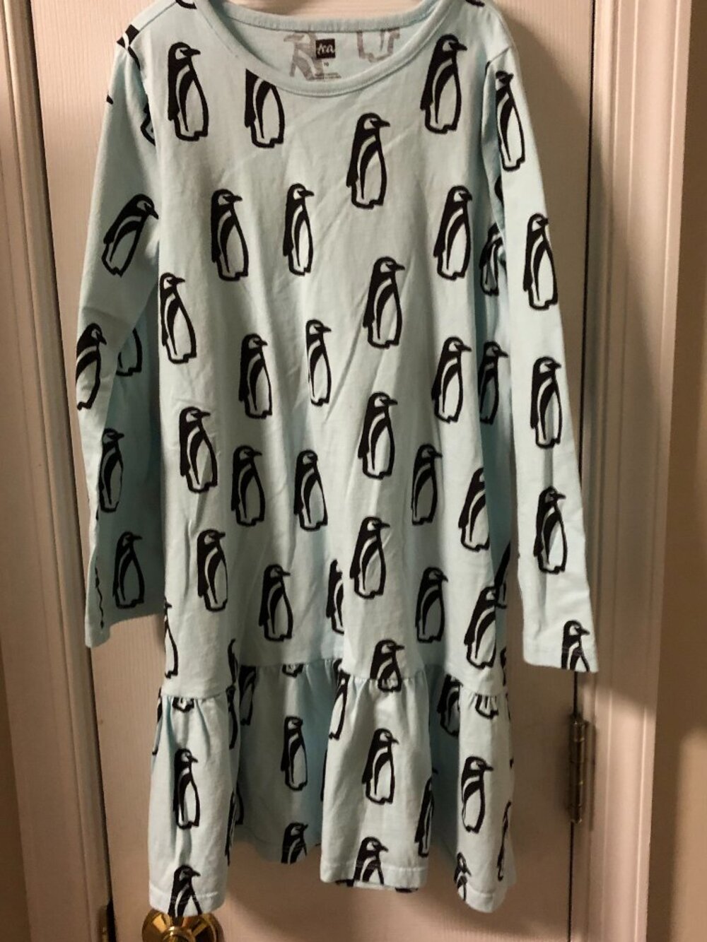 Tea Collection Girls Blue Dress w/Pinguins Print Long Sleeves Size 10